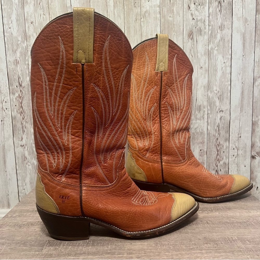 Frye Men’s Brown and Tan Western Cowboy Leather Boots 10.5